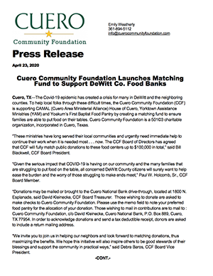 Cuero Community Foundation Press Release